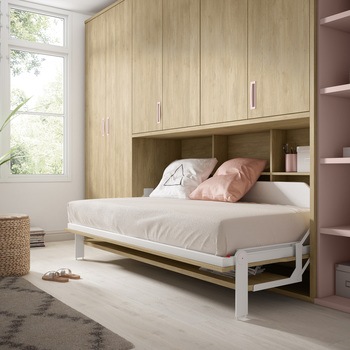 Dormitorio juvenil con cama abatible horizontal con escritorio plegable +  armario de dos puertas y librería..