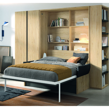 Cama abatible con sofá integrado, estantería y mesa plegable para