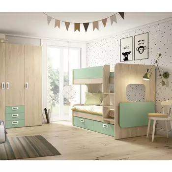 Habitación infantil con litera, escritorio y módulos de cajón.