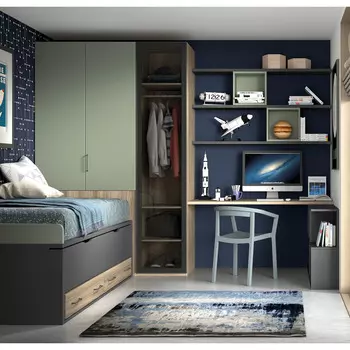 Dormitorio Juvenil cama con contenedores, escritorio y módulo
