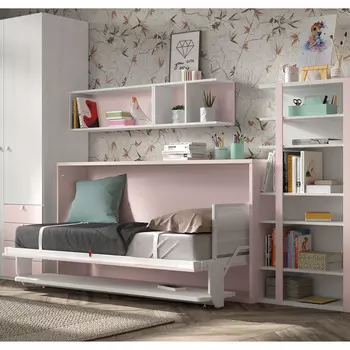 Cama abatible horizontal con escritorio plegable, armario y estantes.
