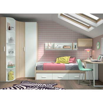 Dormitorio juvenil con 2 camas. Armario rinconero, Escritorio y Estanterías  W020