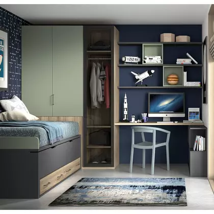 Dormitorio juvenil 2 camas, 2 armarios y escritorio F010