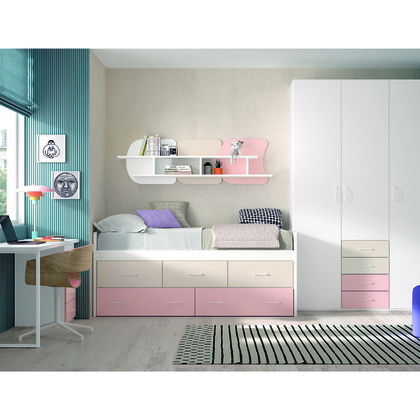 Dormitorio Juvenil con cama compacta y almacenaje W004
