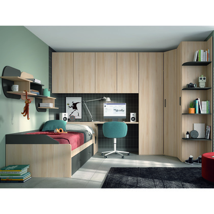 Dormitorio juvenil con 2 camas. Armario rinconero, Escritorio y Estanterías W020