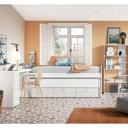 Cama nido con almacenaje EX J165L en blanco y roble claro