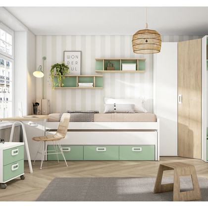 Cama compacta con nido EX J167-BIS1 con 3 cajones en verde menta